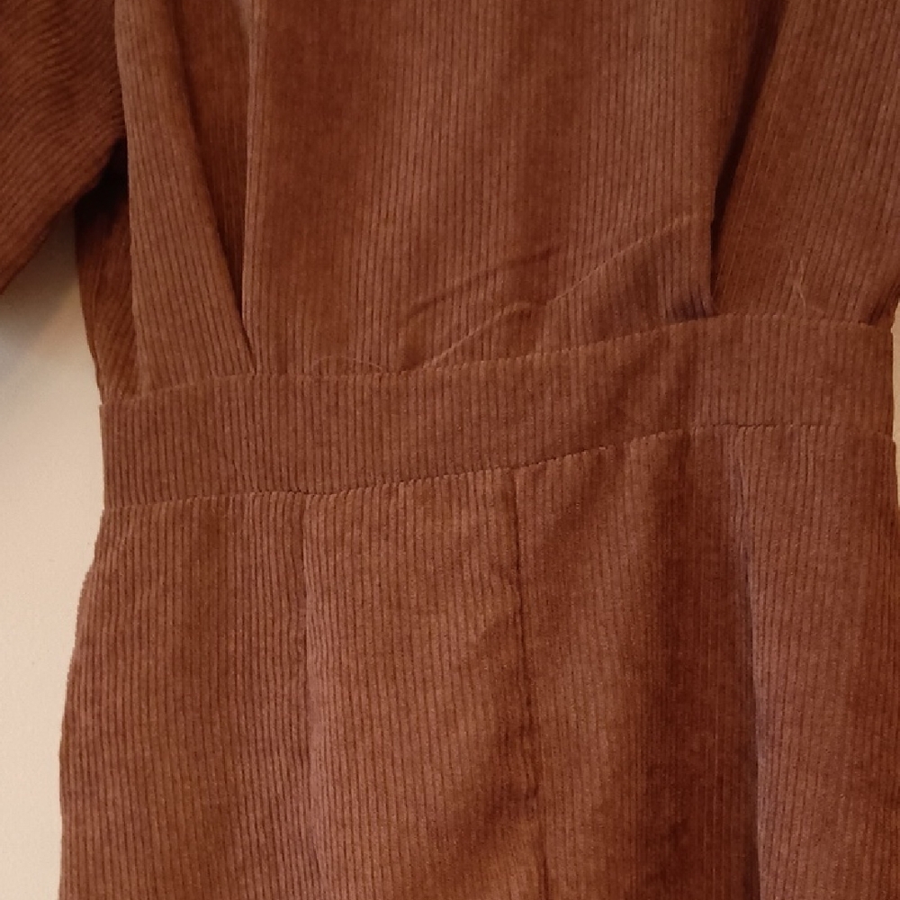 Brown Corduroy Short-Sleeve Button-Front Midi Dress, P2P 18", L 42", W 27" - Picture 8 of 9